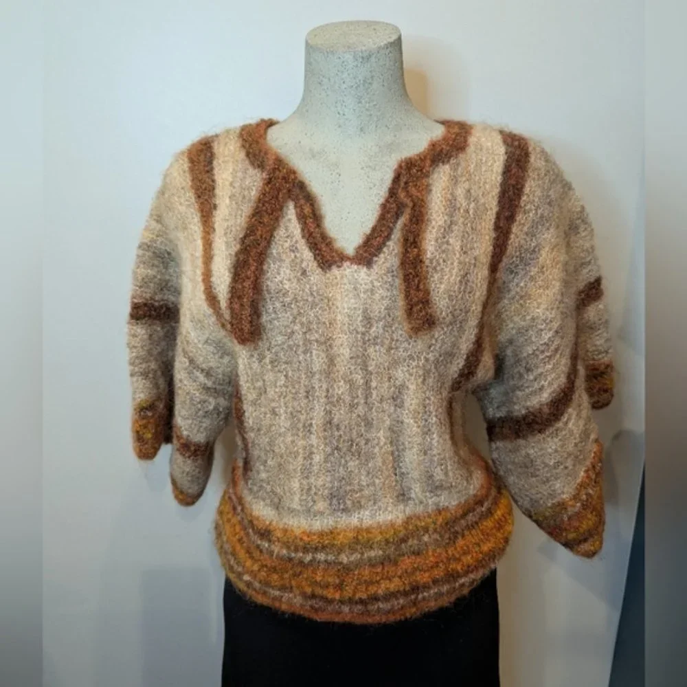 Vintage boho knit mohair Silk wool blend striped sweater kimono arm style Sz L